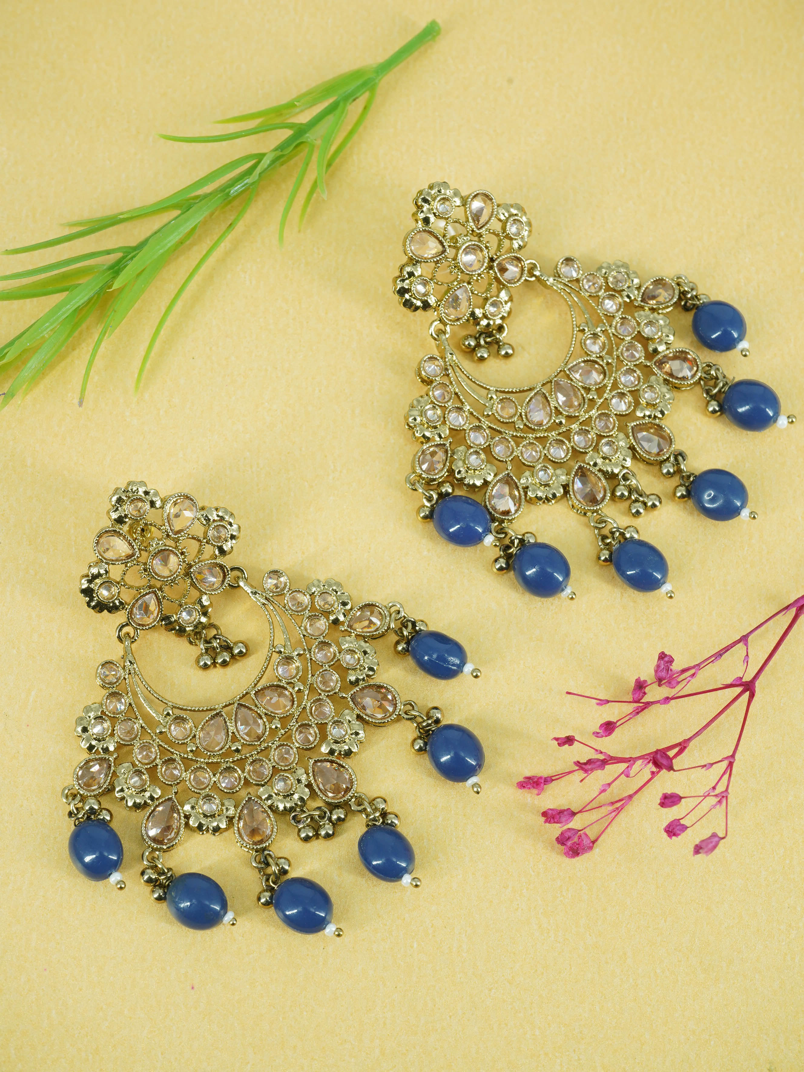 Faint gold finish Earring/jhumka/Dangler with Navy Blue Color Drops 11812N