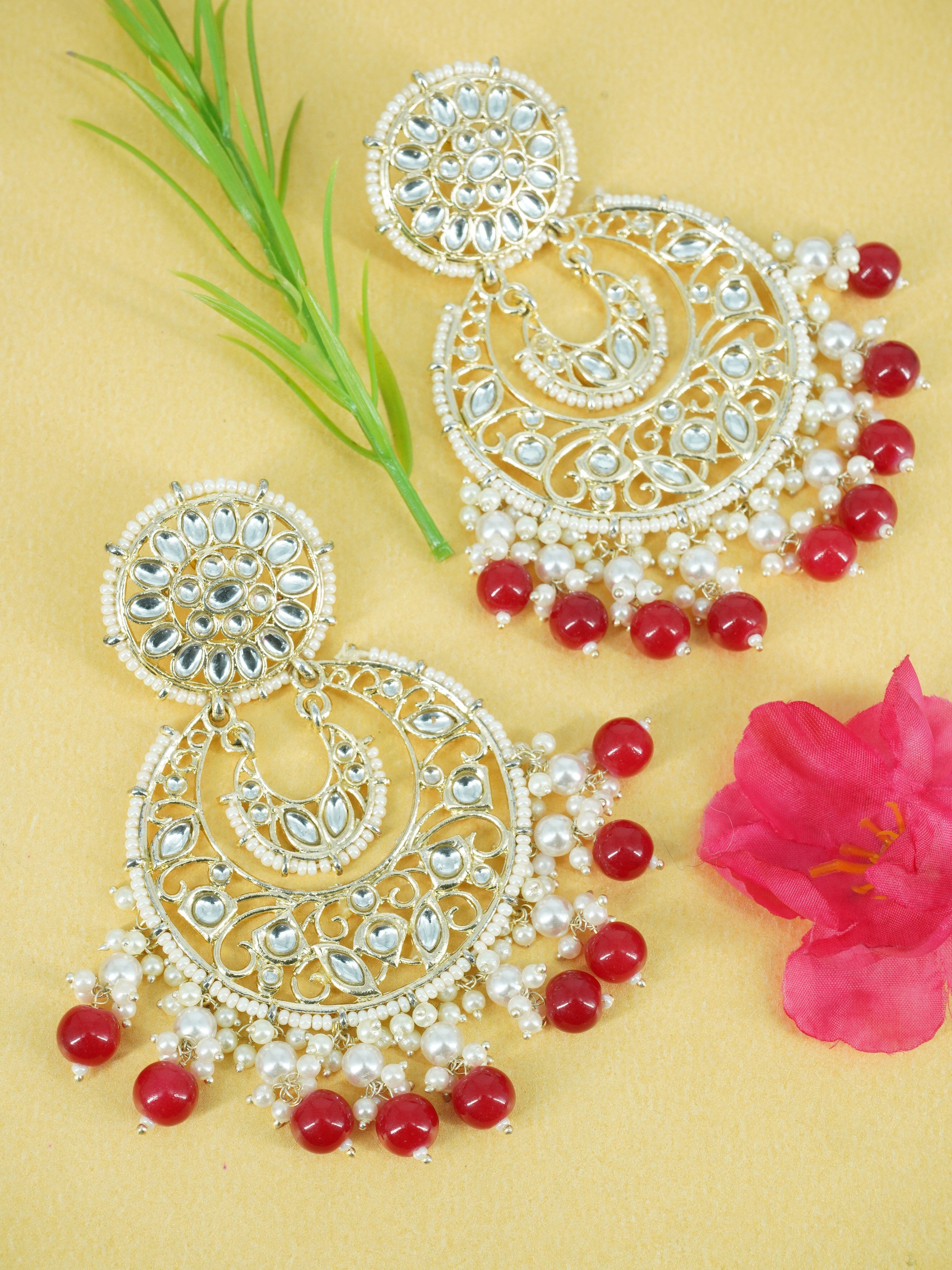 Faint gold finish Earring/jhumka/Dangler with Red Color Drops 11804N