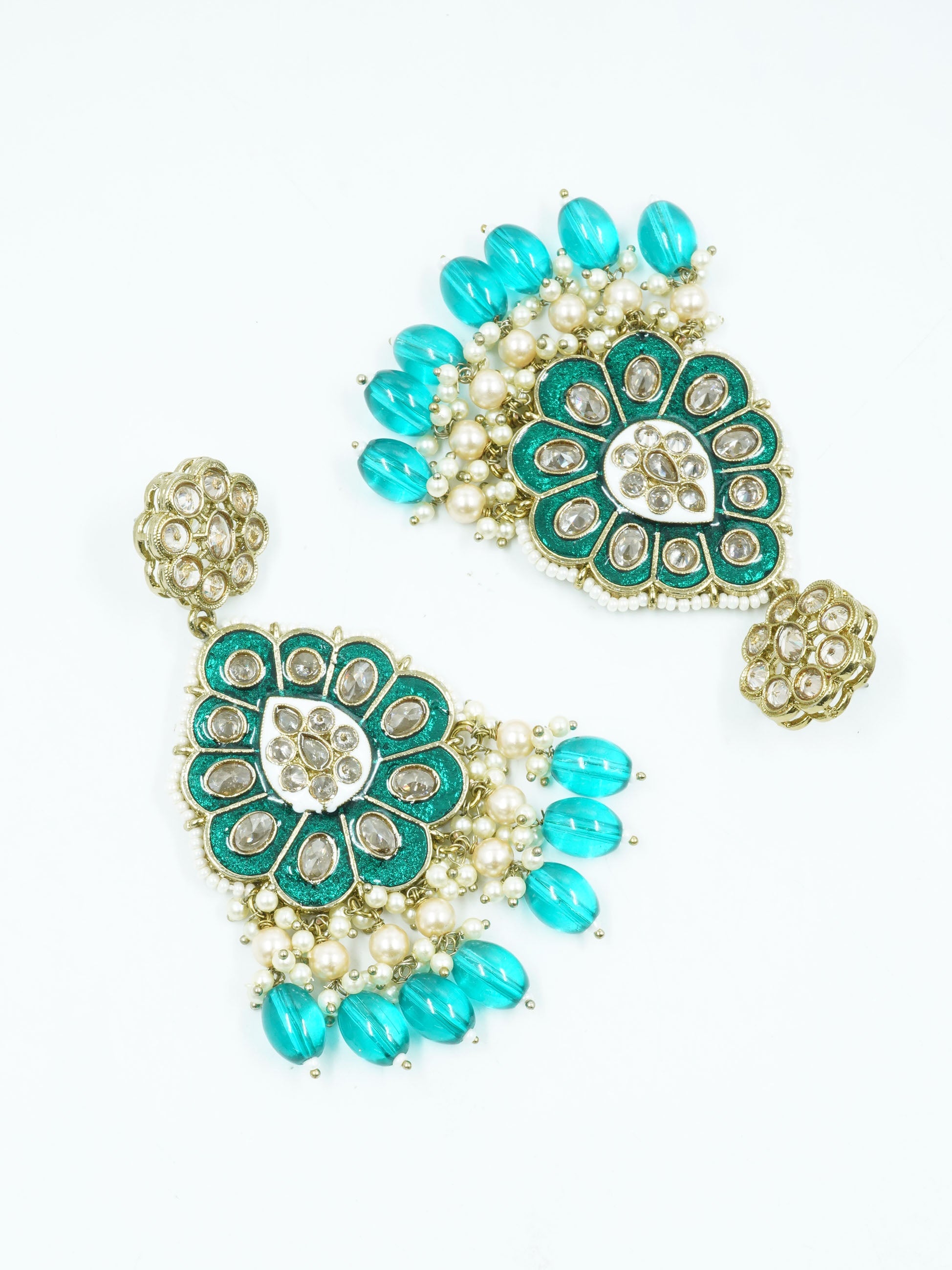 Faint gold finish Earring/jhumka/Dangler with Sea Green color Drops 11806N