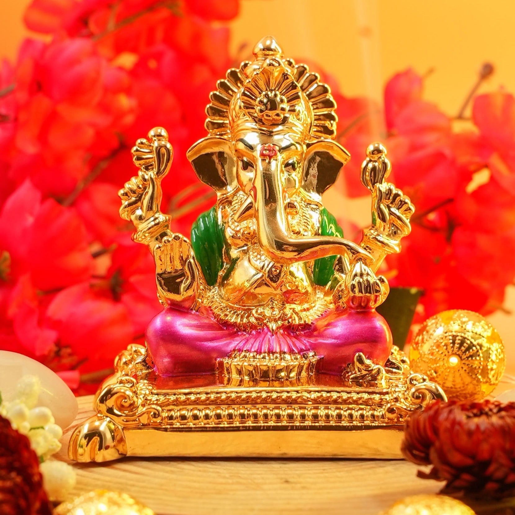 Ganesha Gold Plated charaspat Marble idol 11cm Height