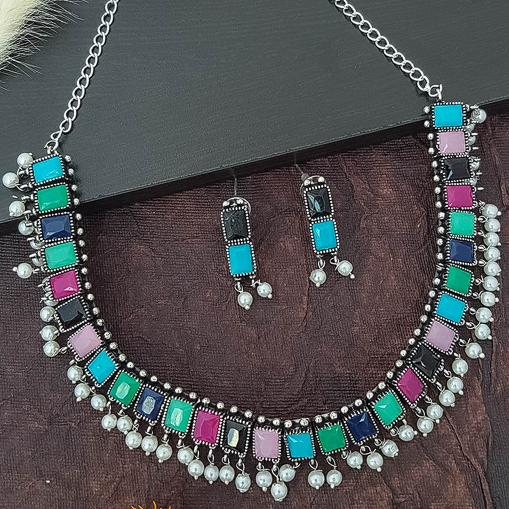 German Silver Plated oxidised Multicolor Necklace set 12391N