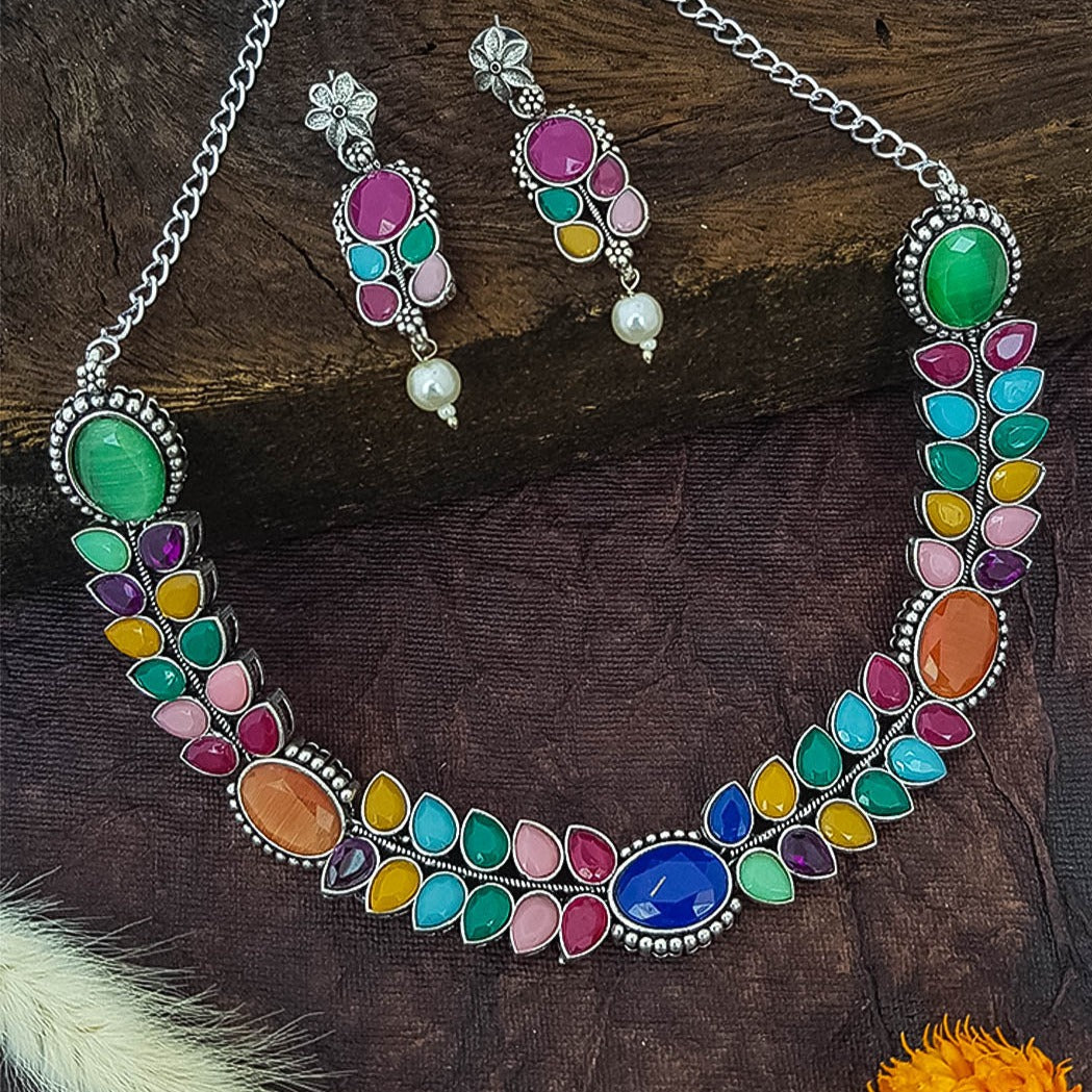 German Silver Plated oxidised Multicolor Necklace set 12424N