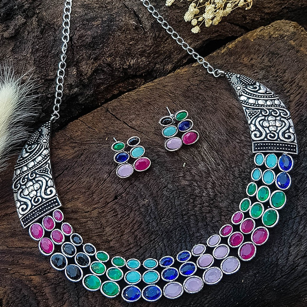 German Silver Plated oxidised Multicolor Necklace set12399N