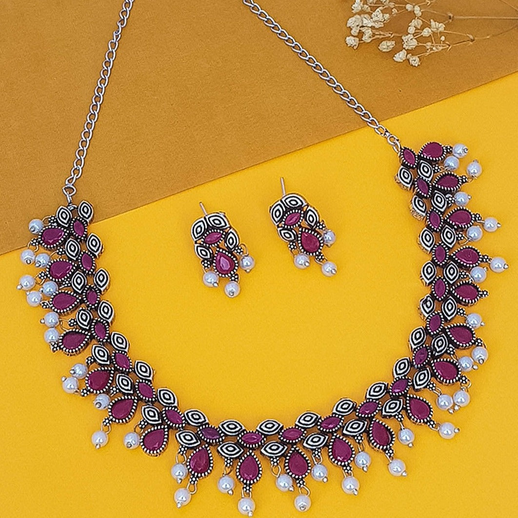 German Silver Plated oxidised Ruby stone Necklace set 12403N