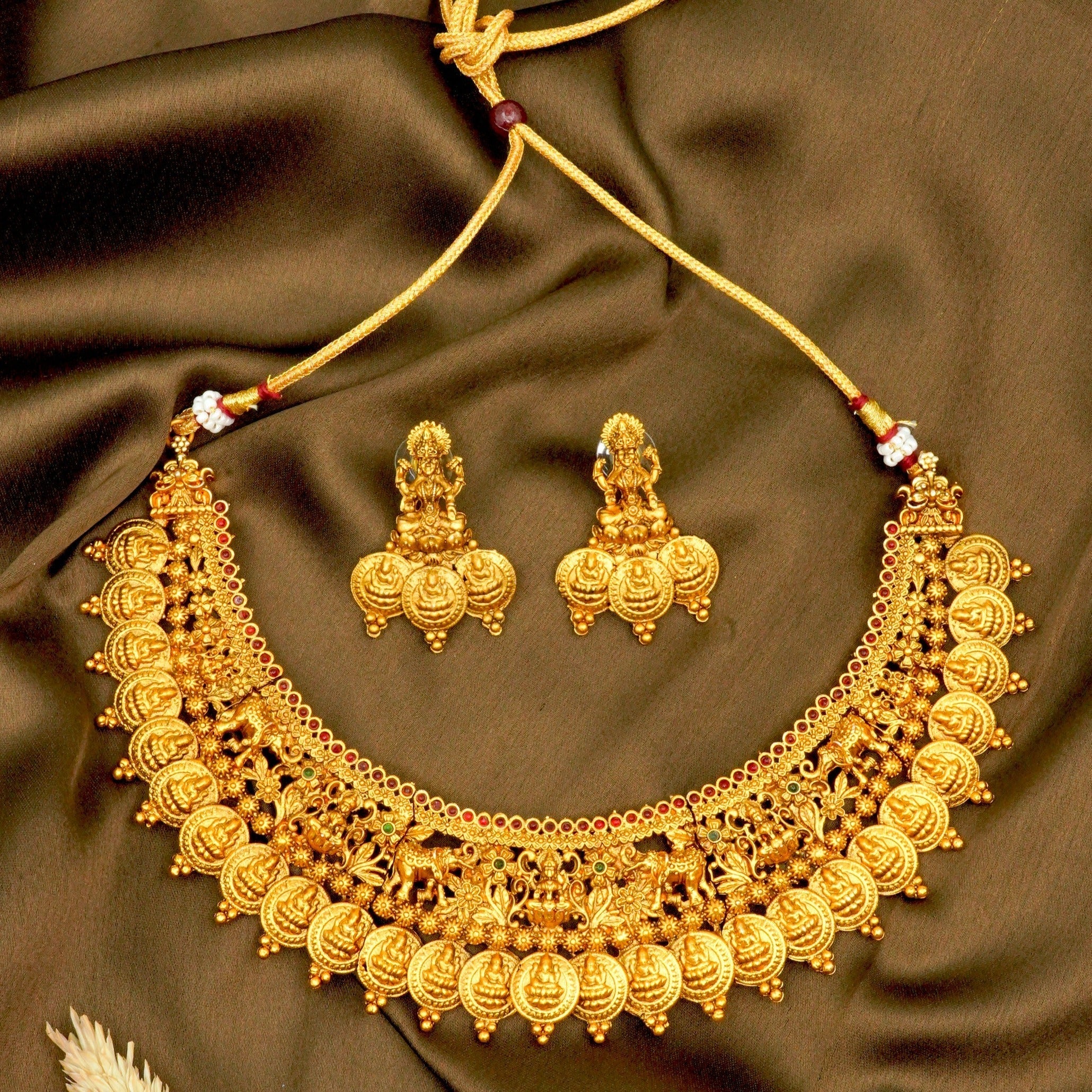 Gold Finish Laxmi Elephant carving Short Necklace Set 9538N