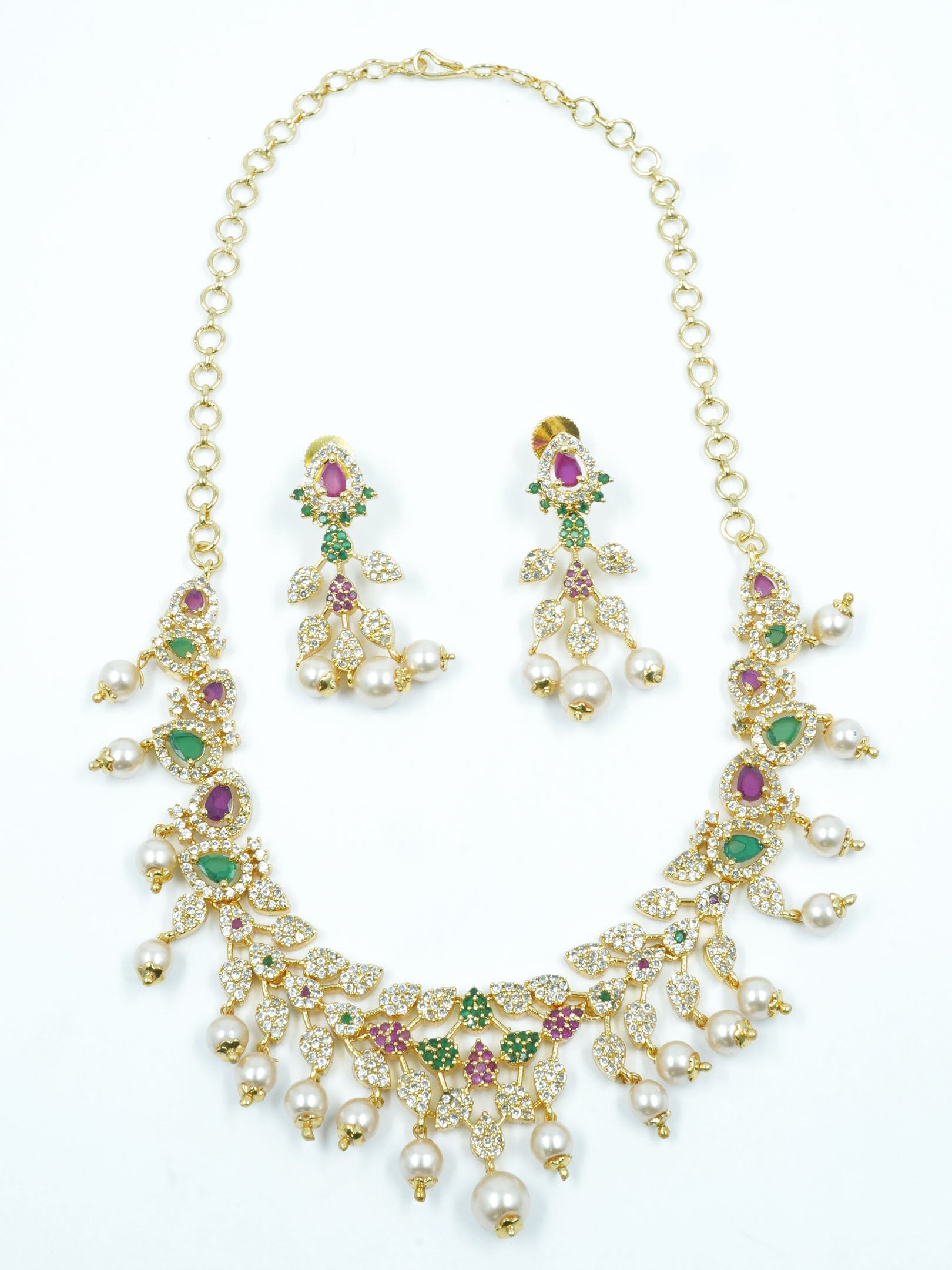 Gold Finish Ruby emerald Zercon Necklace Set 7538N