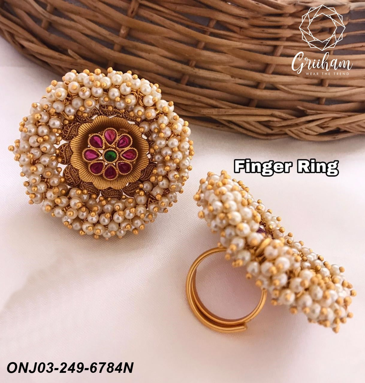 Gold Plated Adjustable Size Finger ring with Stones and Pearls 6784N
