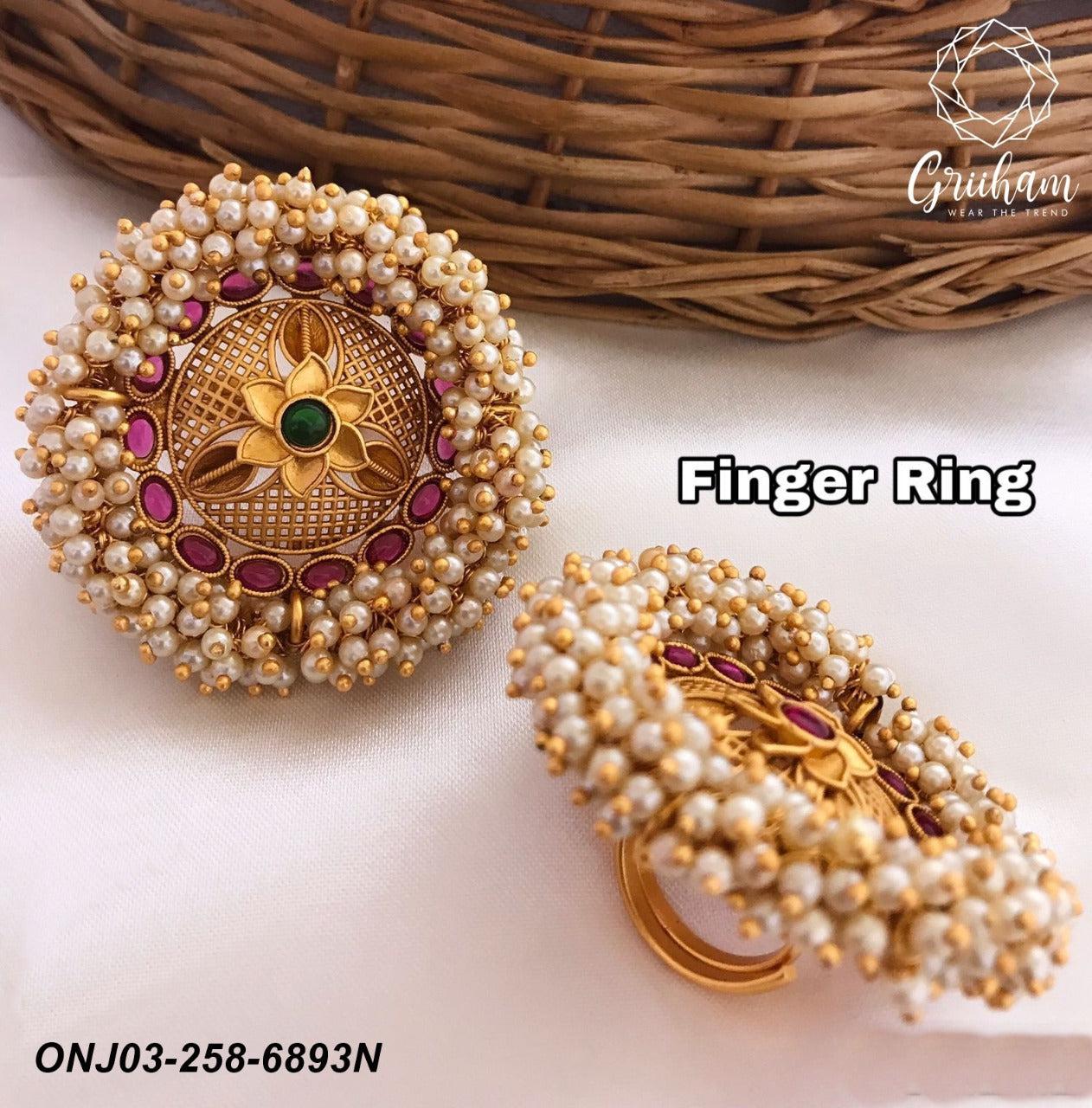 Gold Plated Adjustable Size Finger ring with Stones and Pearls 6893N