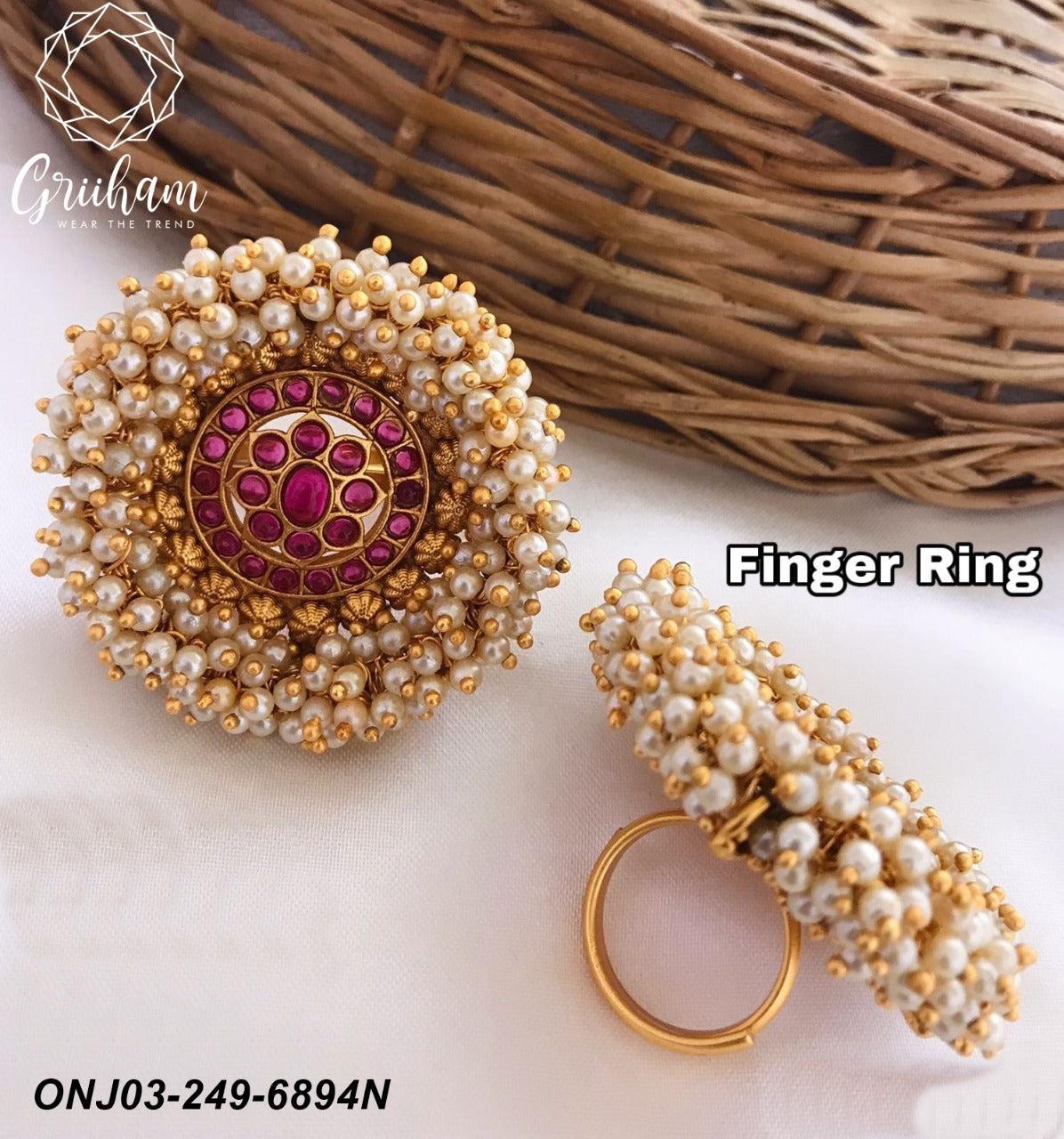 Gold Plated Adjustable Size Finger ring with Stones and Pearls 6894N