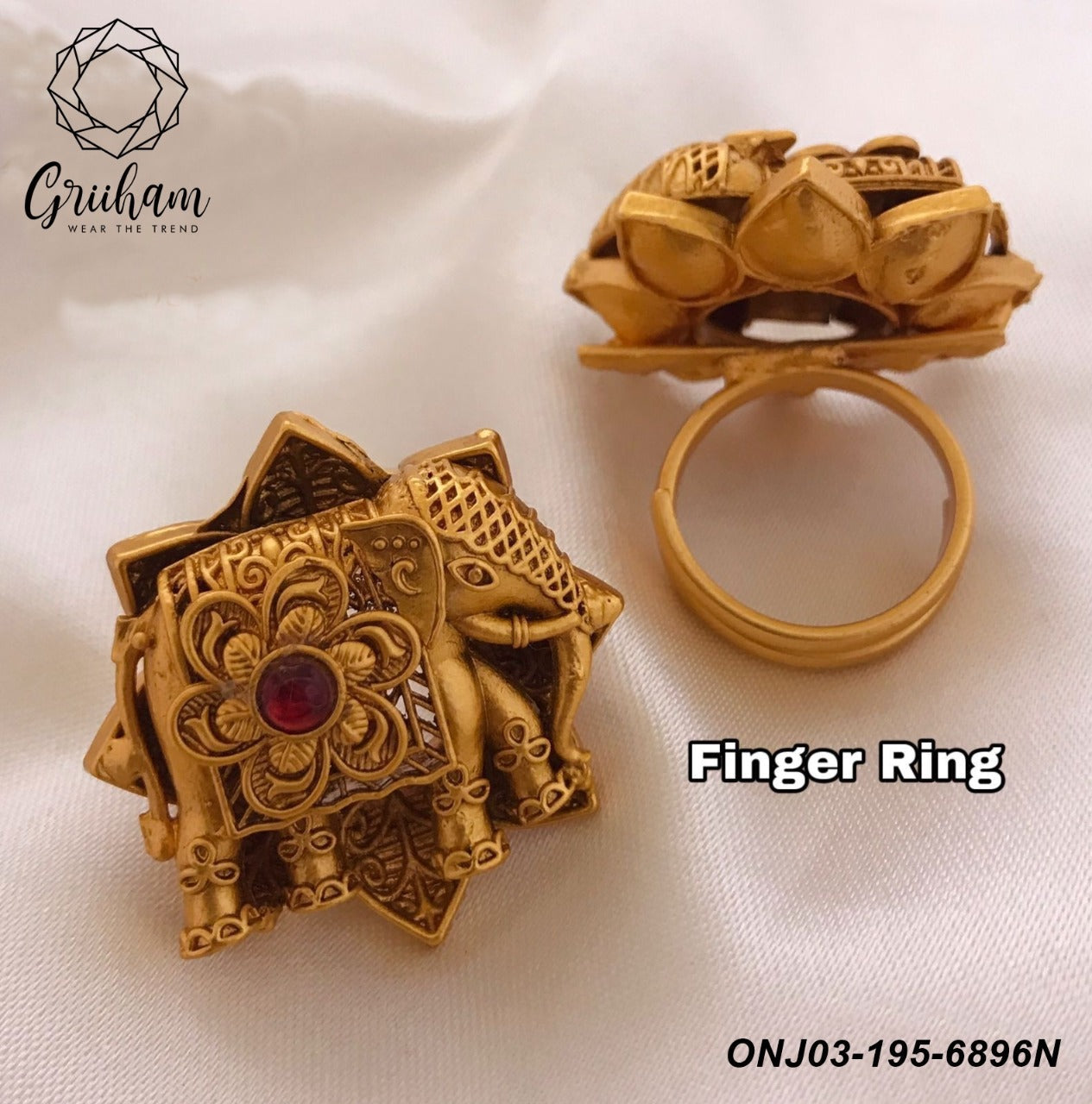 Gold Plated Adjustable Size Finger ring with Stones and Pearls 6896N