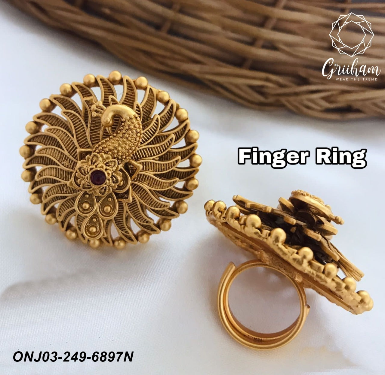 Gold Plated Adjustable Size Finger ring with Stones and Pearls 6897N