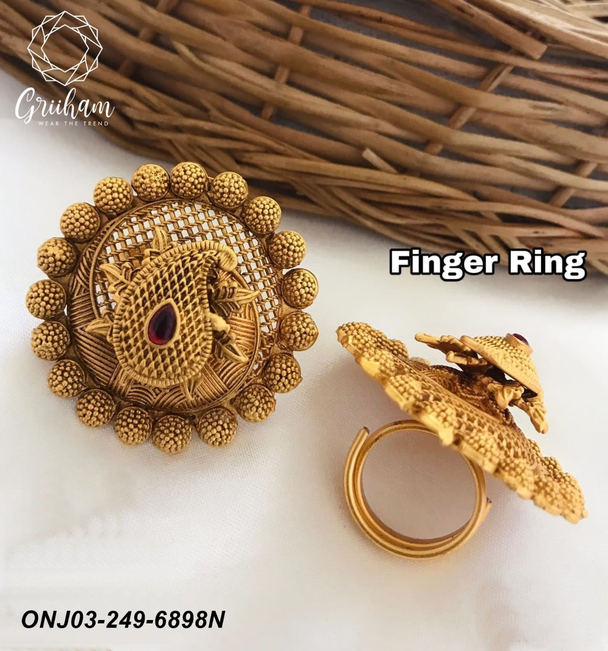 Gold Plated Adjustable Size Finger ring with Stones and Pearls 6898N