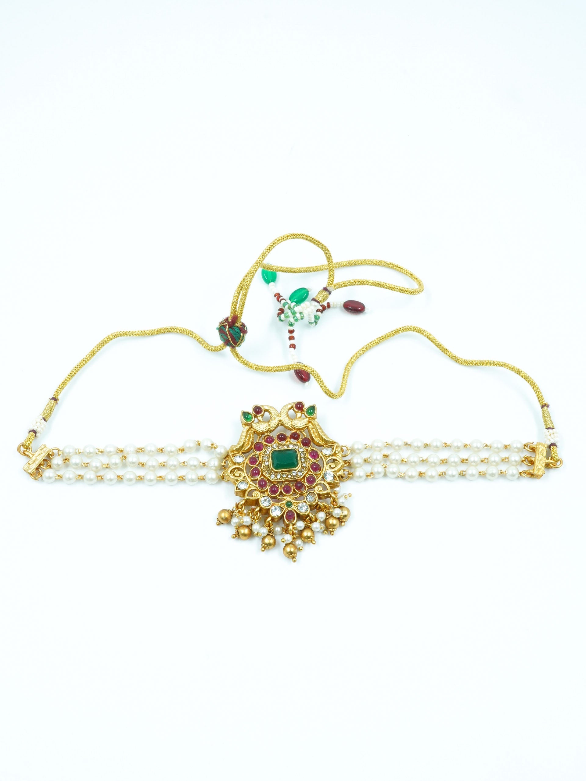 Gold Plated Choker Necklace Set with pearls and Multi colour stones 12364N