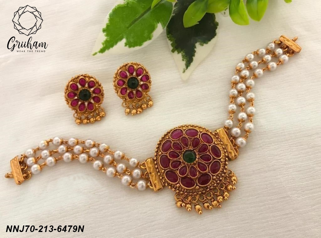 Gold Plated Choker Necklace set with Pearl Mala 6479N
