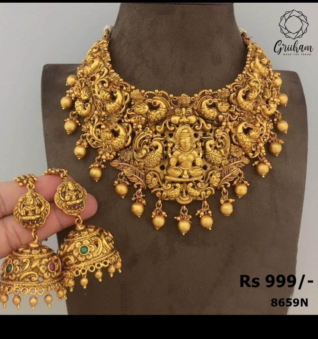 Gold Plated Choker with Laxmi 8659N-Necklace Set-Griiham-Griiham