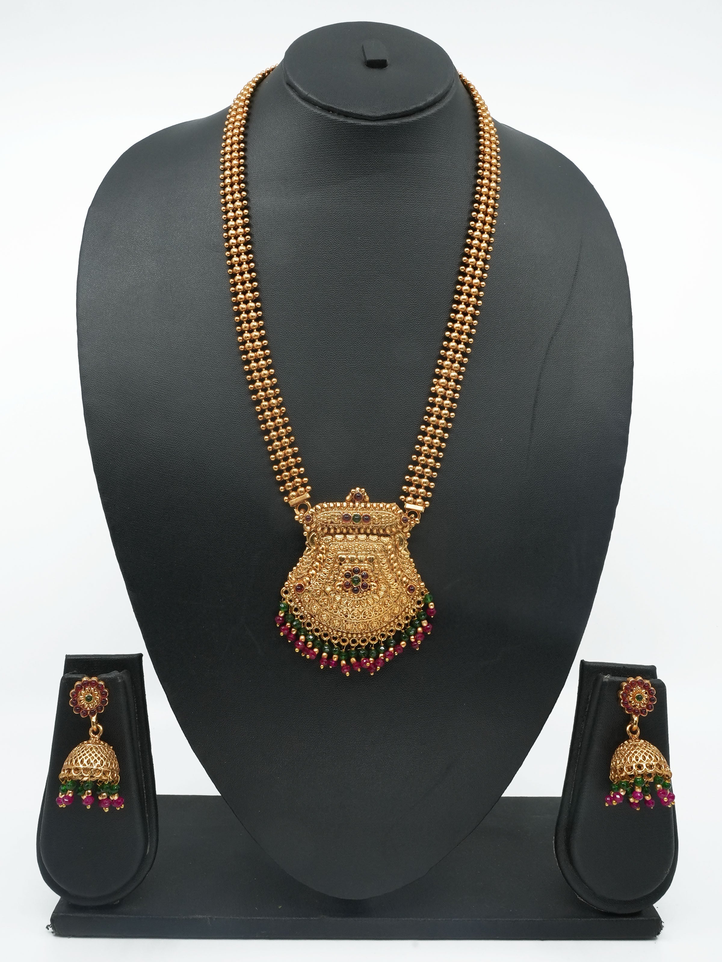 Gold Plated Classic Long Necklace Set Hara with Artificial Stones 11109N