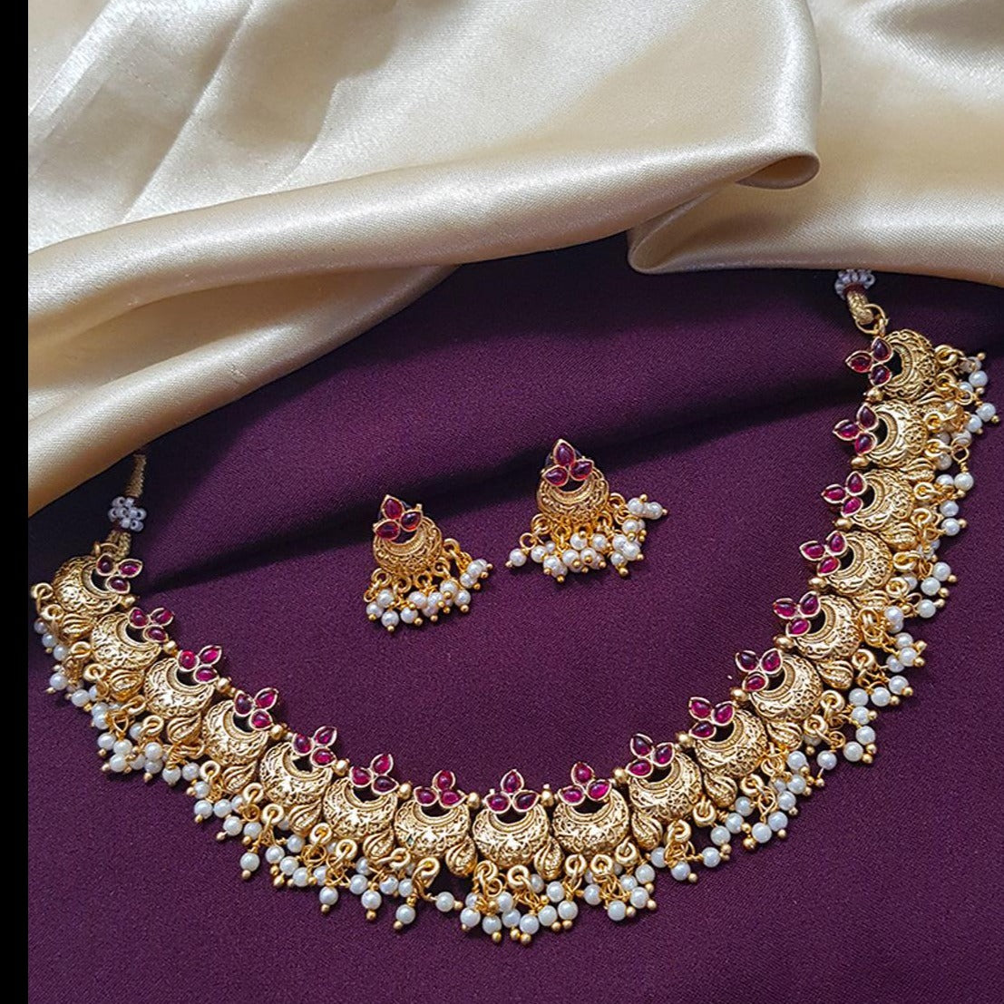 Gold Plated Cute short Necklace set with pearl drops 8154N-Necklace Set-Griiham-Griiham