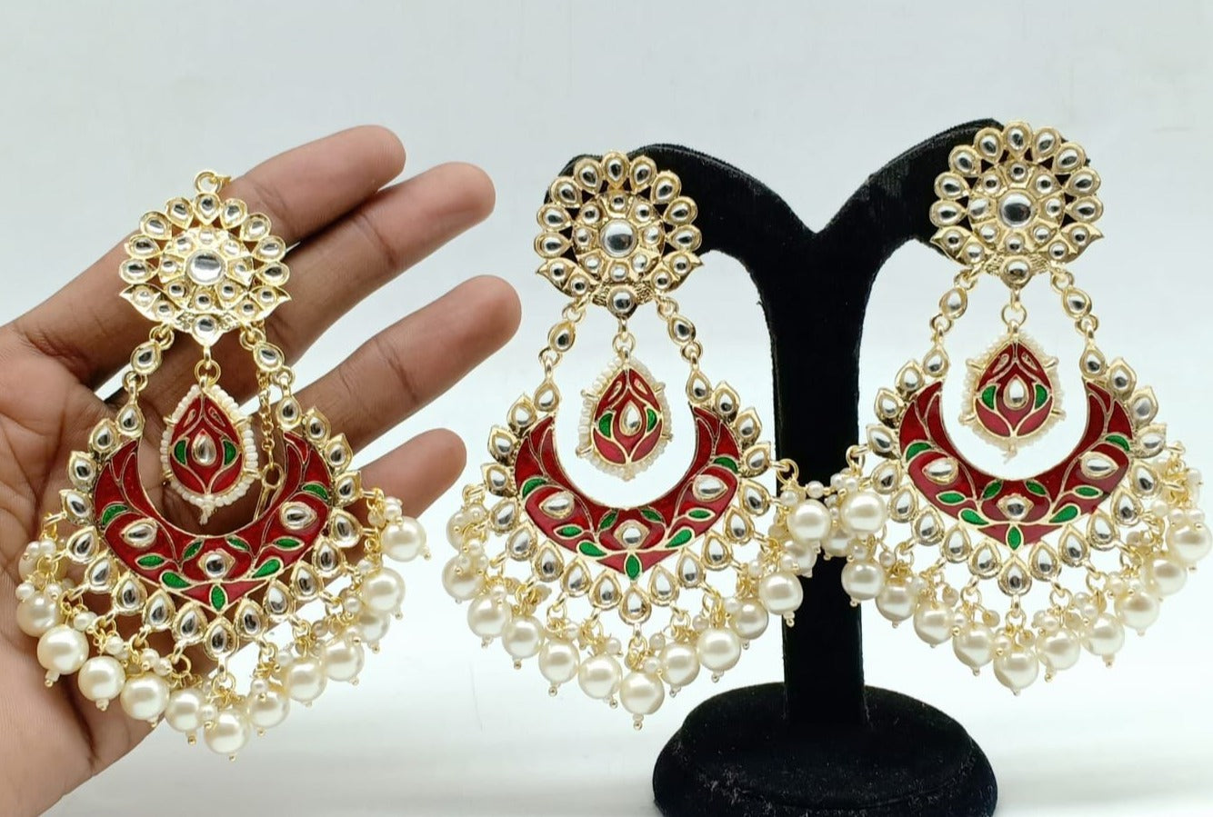 Gold Plated Designer Kundan with mirror stone studded Earring / Jhumka with Tikka 9441N