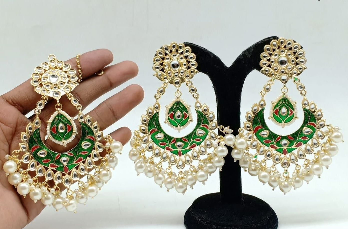 Gold Plated Designer Maroon and green multicolor with pearl beads with kundans hangings Earring / Jhumka with tikka 9442N