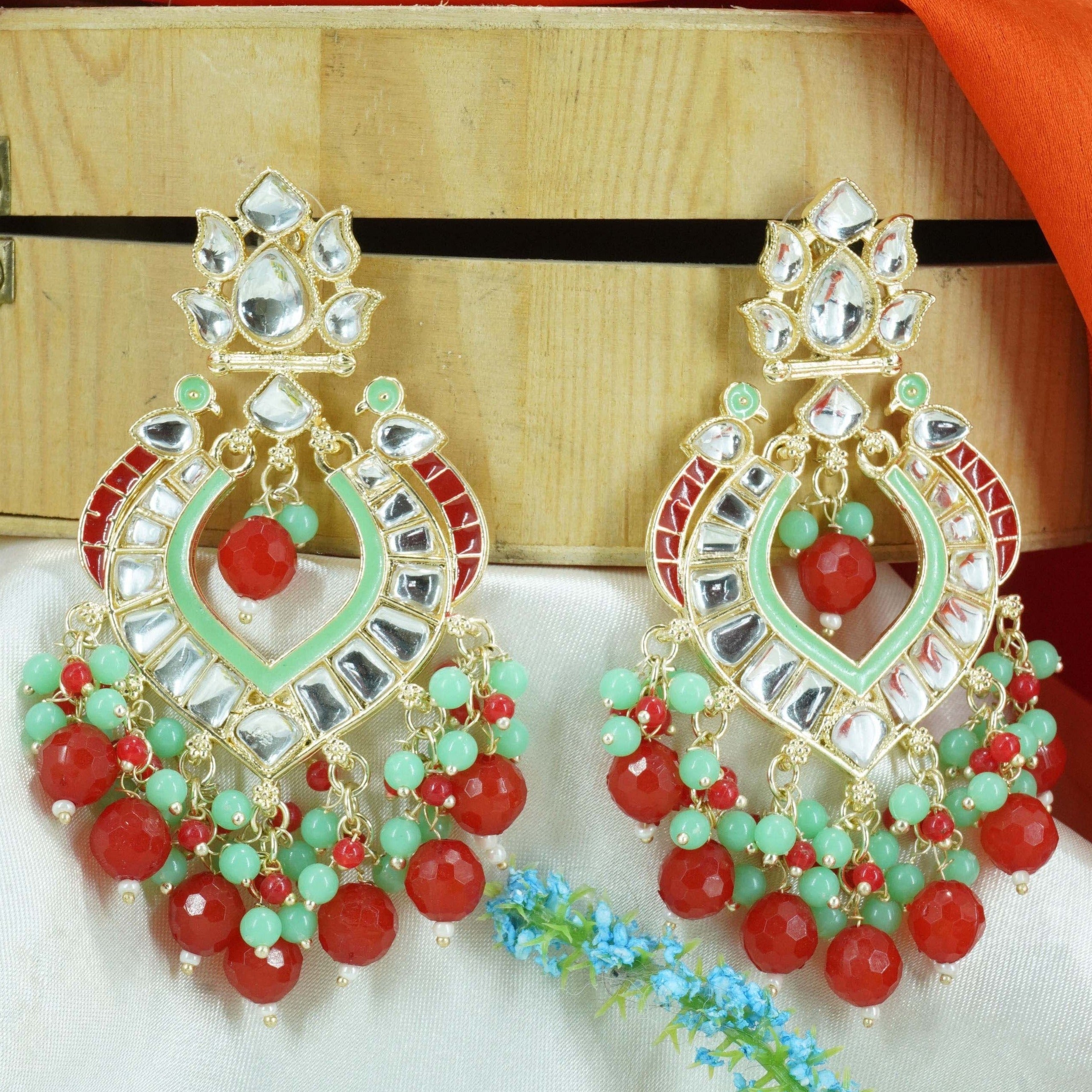 Gold Plated Designer Maroon and mint green beads with kundans hangings Earring / Jhumka 9443N