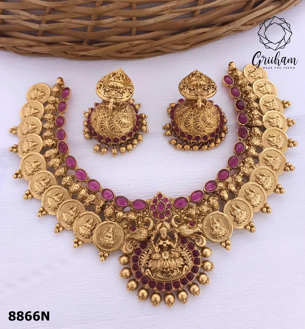 Gold Plated Designer Necklace With Laxmi with diff Colours 8867N-Necklace Set-Griiham-Ruby-Griiham