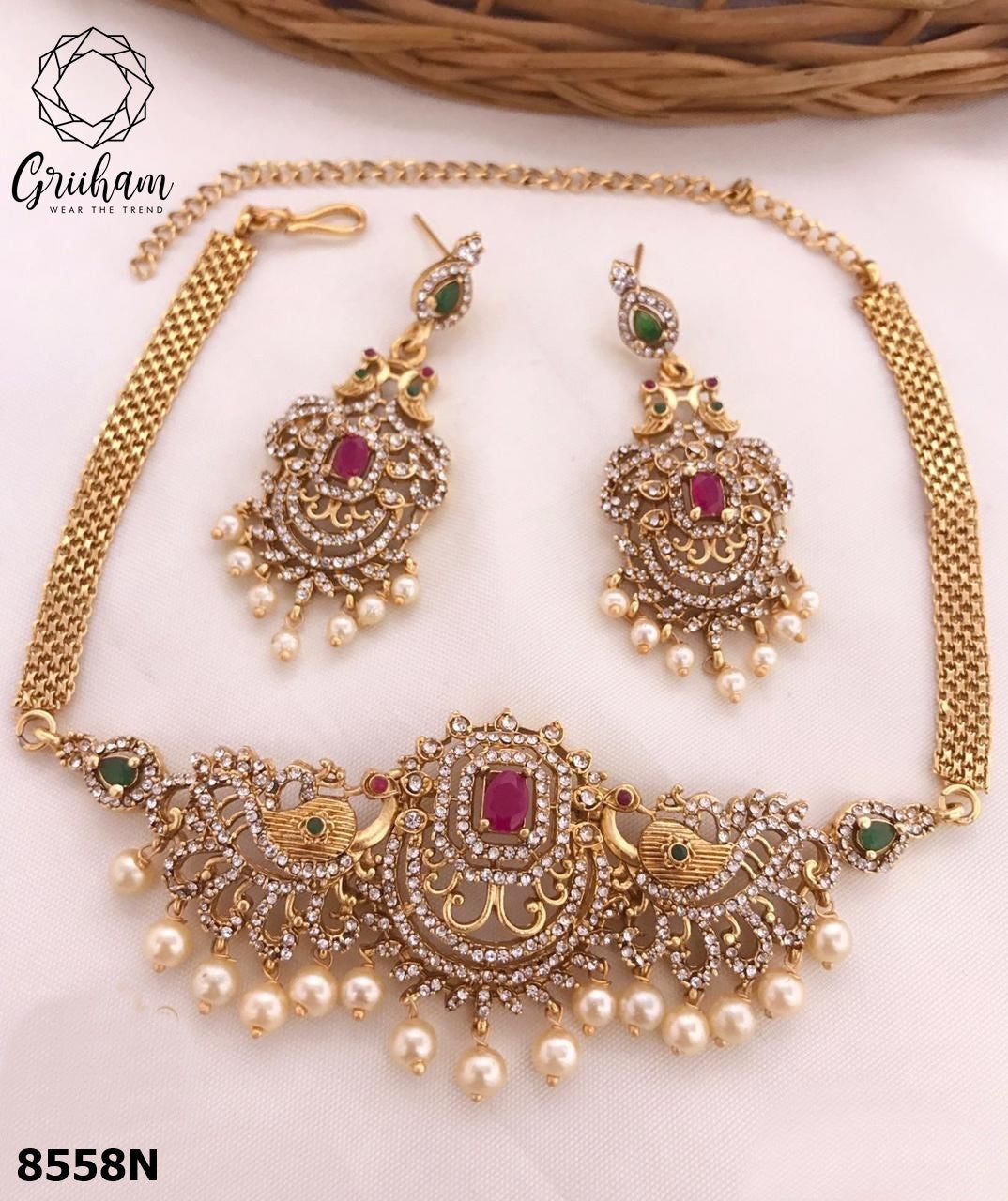 Gold Plated Elegant All occasions Beautiful short choker Set with diff Colours 8556N-Necklace Set-Griiham-Multi-Griiham