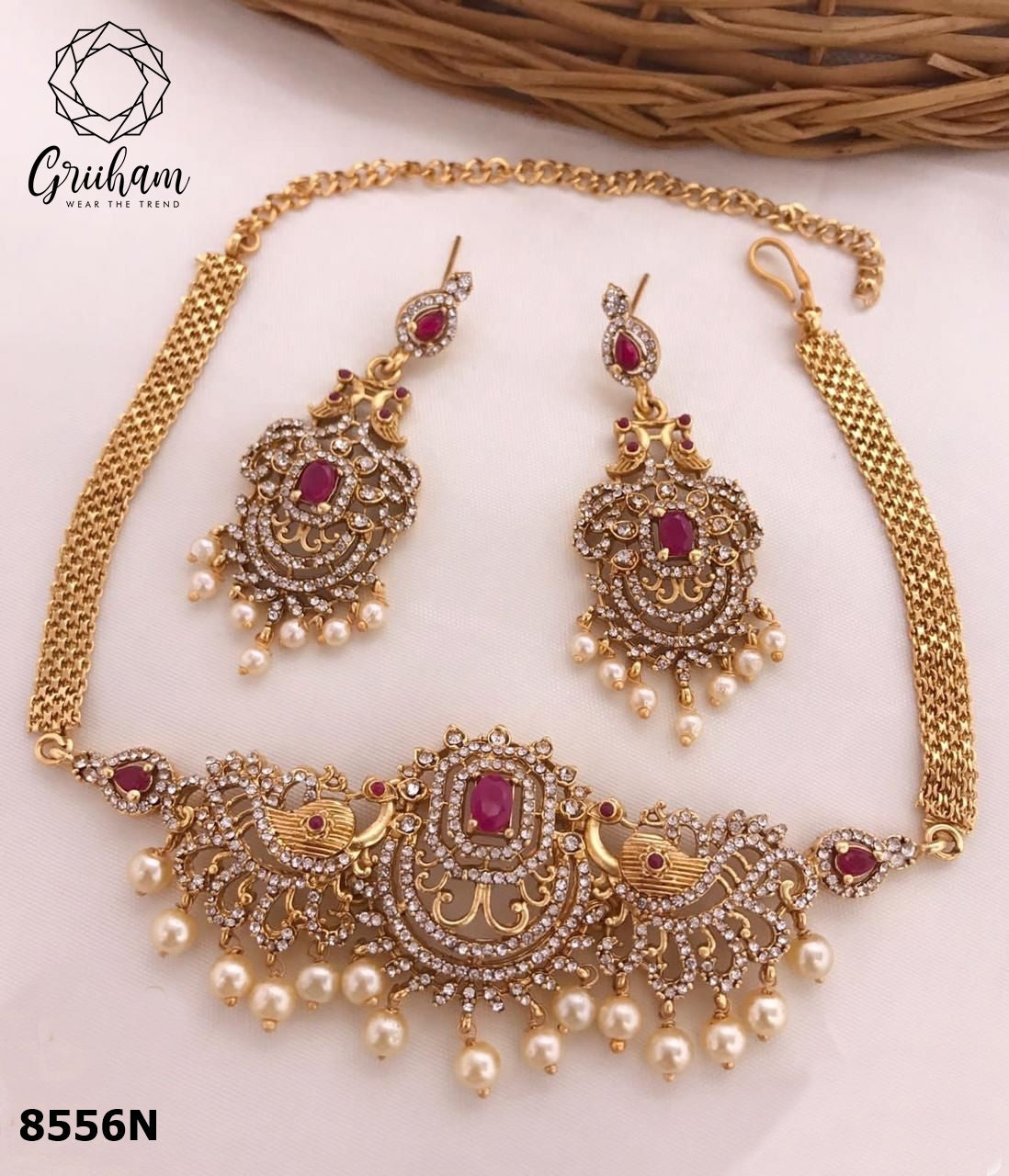 Gold Plated Elegant All occasions Beautiful short choker Set with diff Colours 8556N-Necklace Set-Griiham-Ruby Red-Griiham