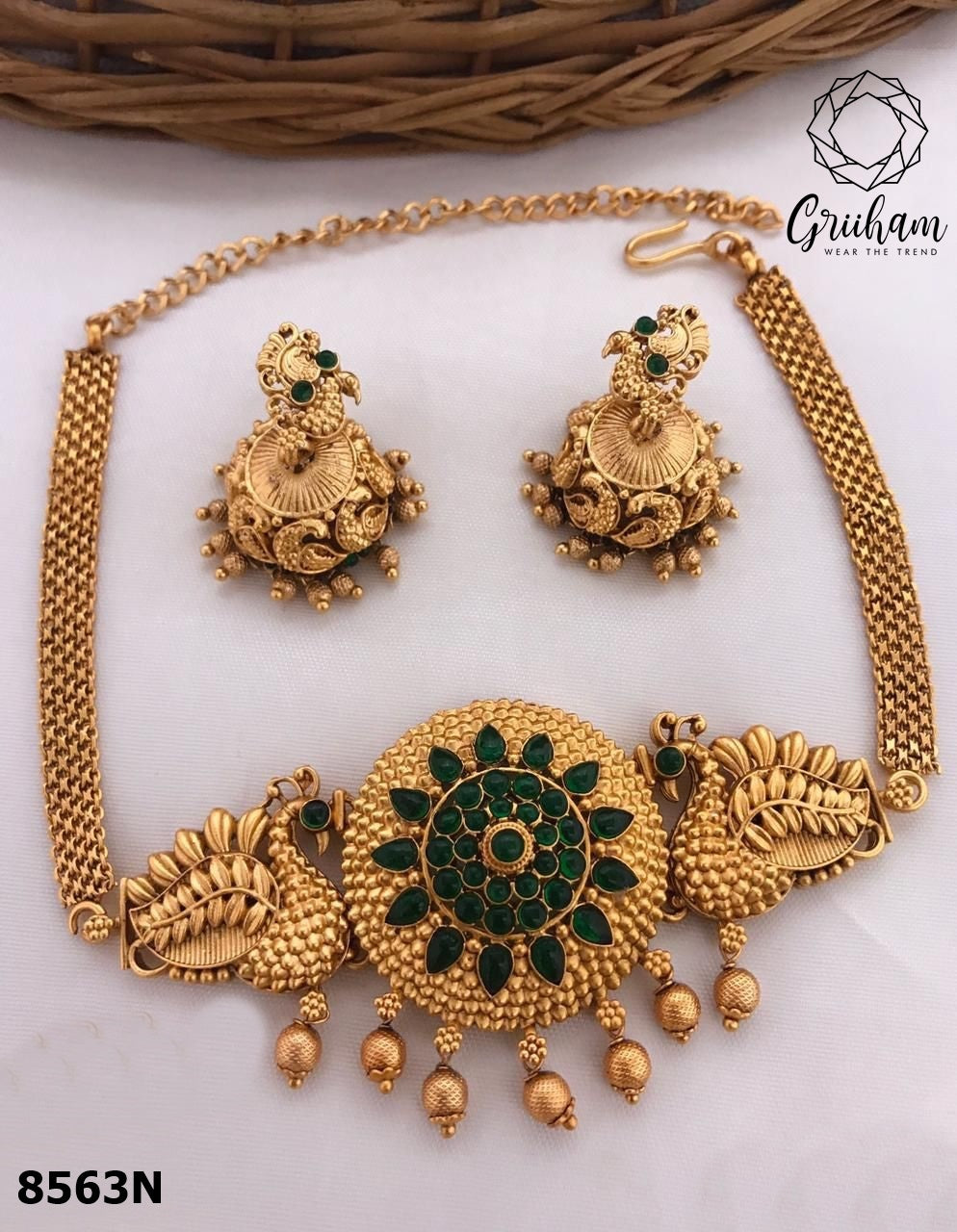 Gold Plated Elegant All occasions Peacock short choker Set with diff Colours 8562N-Necklace Set-Griiham-Green-Griiham