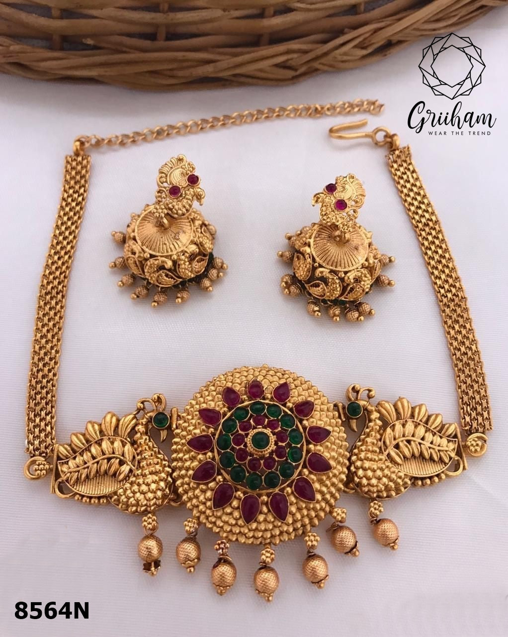 Gold Plated Elegant All occasions Peacock short choker Set with diff Colours 8562N-Necklace Set-Griiham-Multi-Griiham