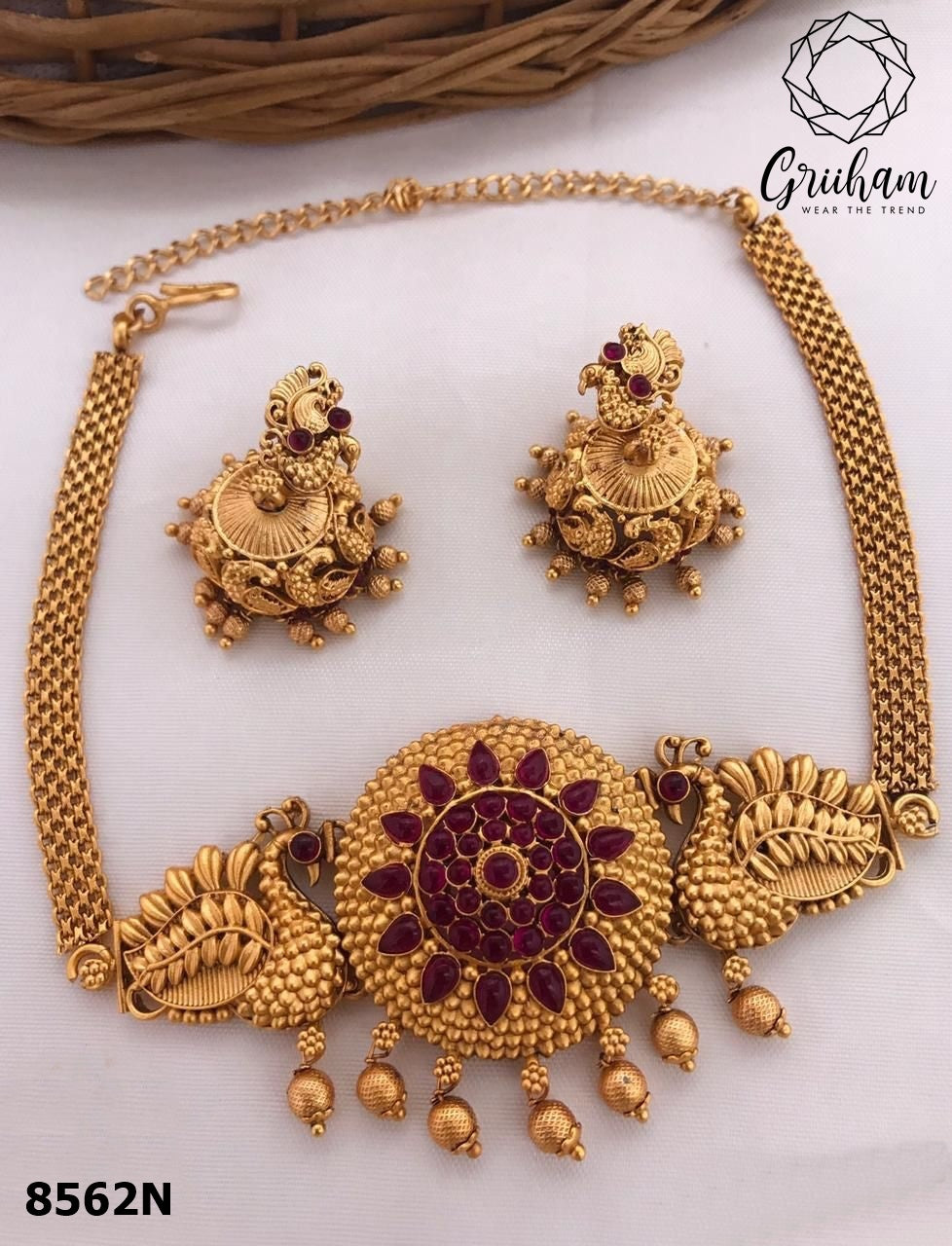 Gold Plated Elegant All occasions Peacock short choker Set with diff Colours 8562N-Necklace Set-Griiham-Ruby Red-Griiham