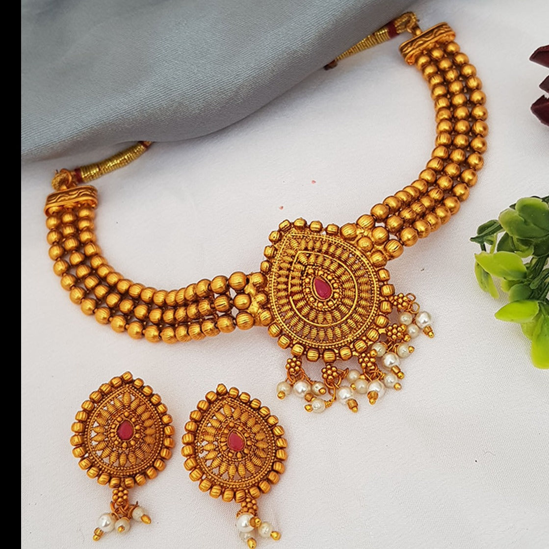 Gold Plated Elegant Half Choker Necklace Set with Multi Colour stones 6654N