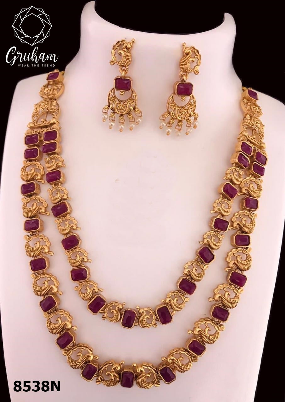 Gold Plated Exclusive Design Two Line Ranihar with diff Colours 8538N-Necklace Set-Griiham-Ruby Red-Griiham