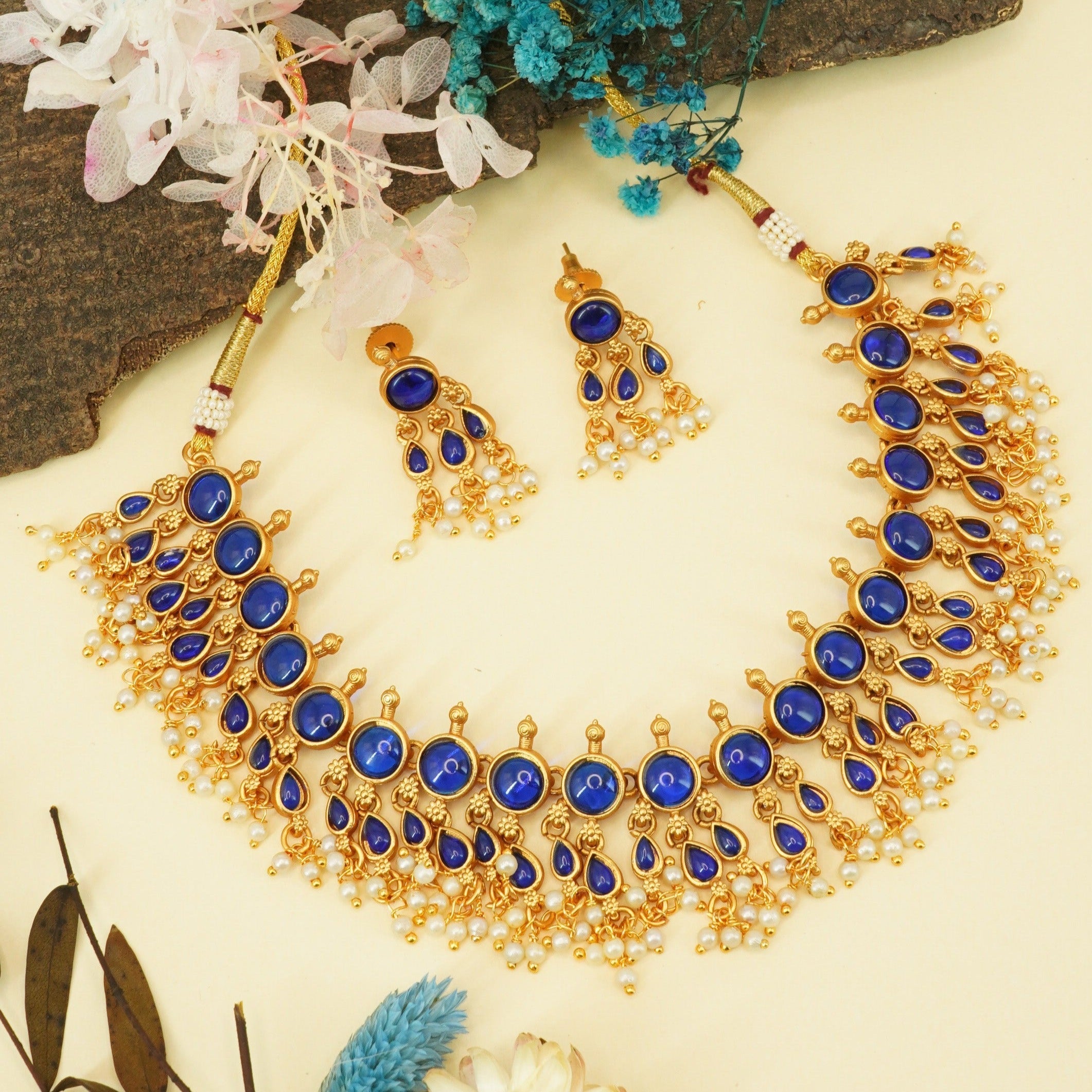 Gold Plated Exclusive bestseller Blue Stone Studded Necklace Set with pearl drops 9851N