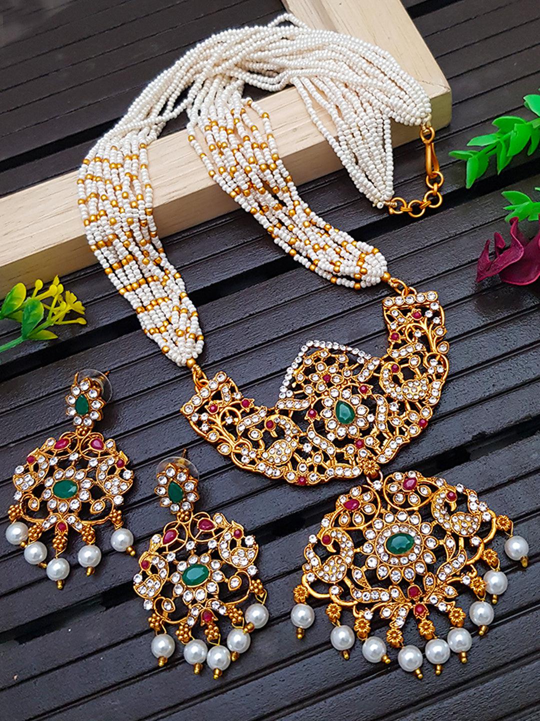 Gold Plated Floral pendant set design of Artificial stones with pearl mala 5254N-Necklace Set-Griiham-Griiham