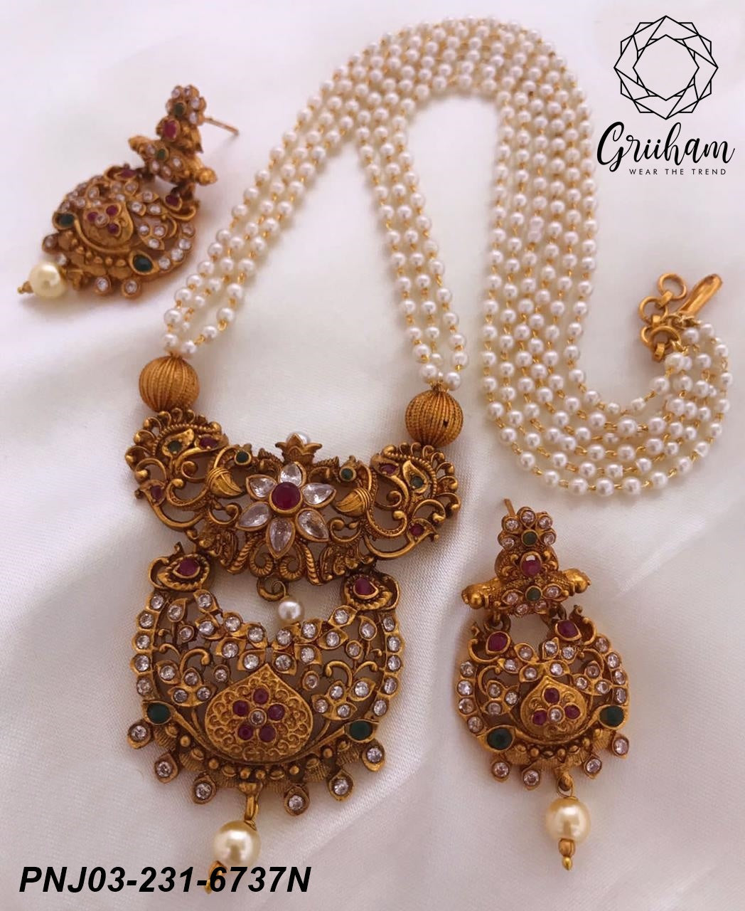 Gold Plated Floral pendant set design of Artificial stones with pearl mala 6737N