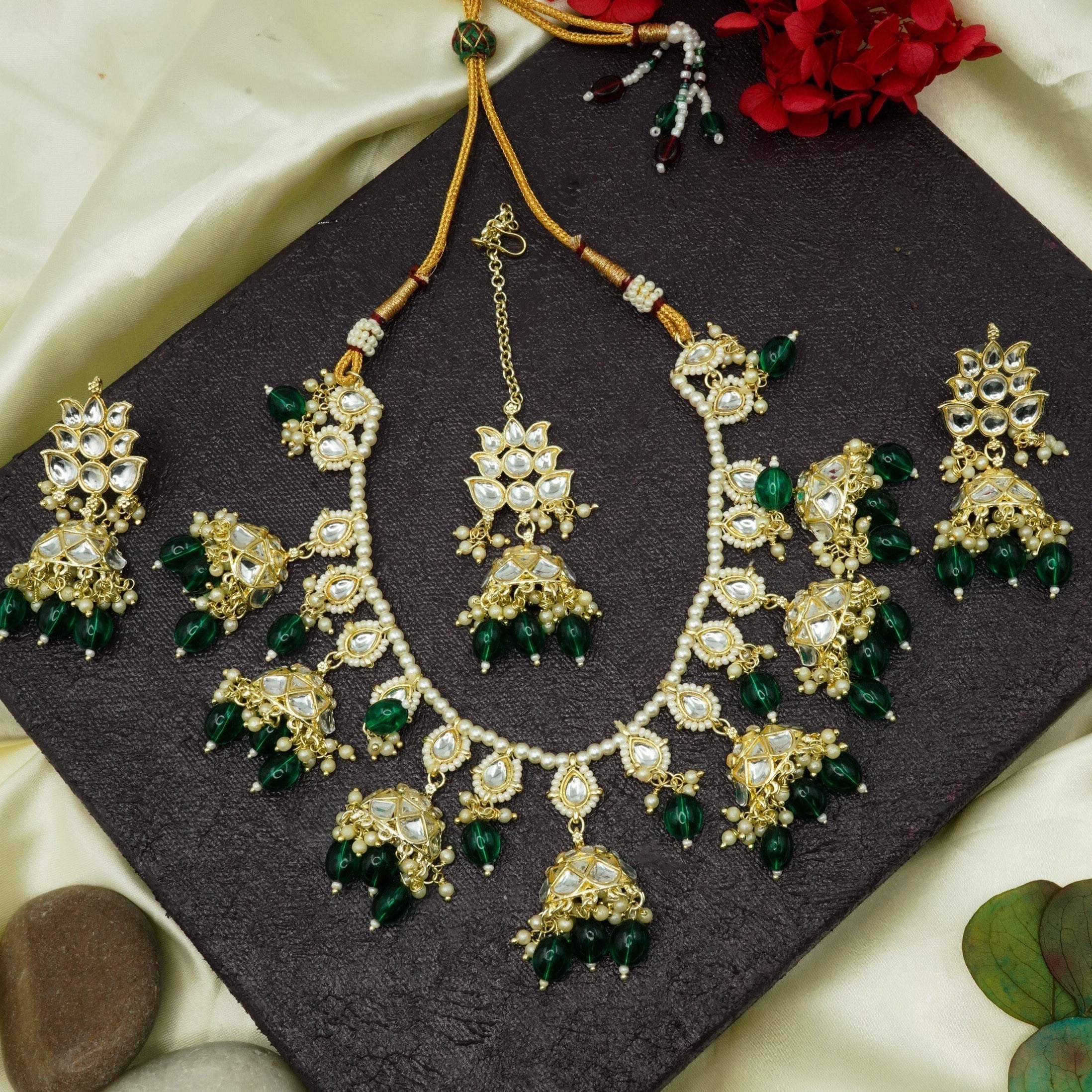 Gold Plated Kundan with Mirror Stone Half Jhumki design Necklace set with Tikka 9449N