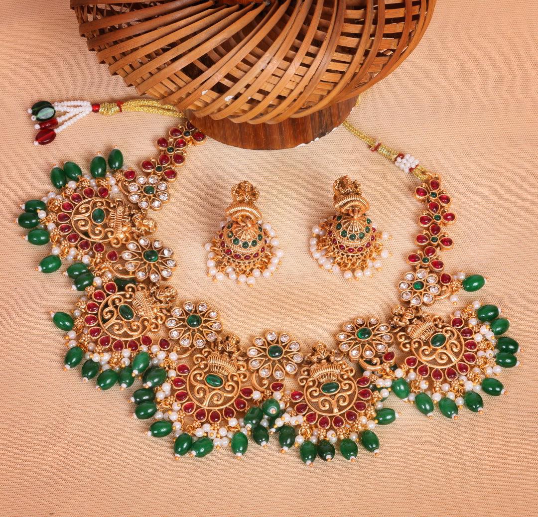 Gold Plated Laxmi Designer Necklace Set with green beads 8996N-Necklace Set-Griiham-Griiham