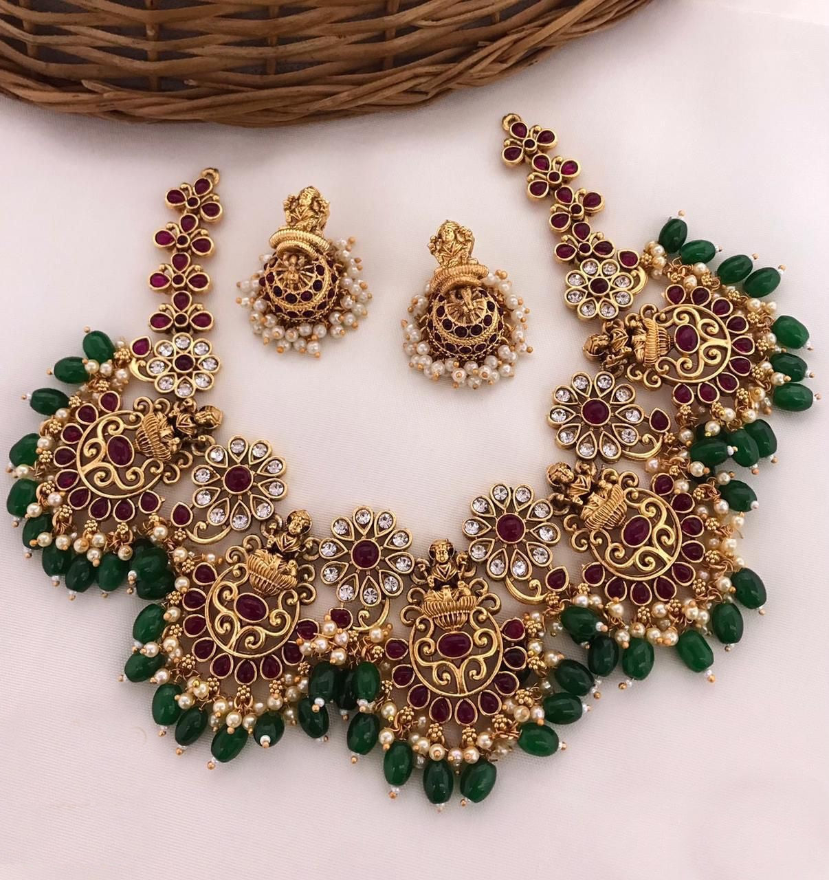 Gold Plated Laxmi Designer Necklace Set with green beads 8996N