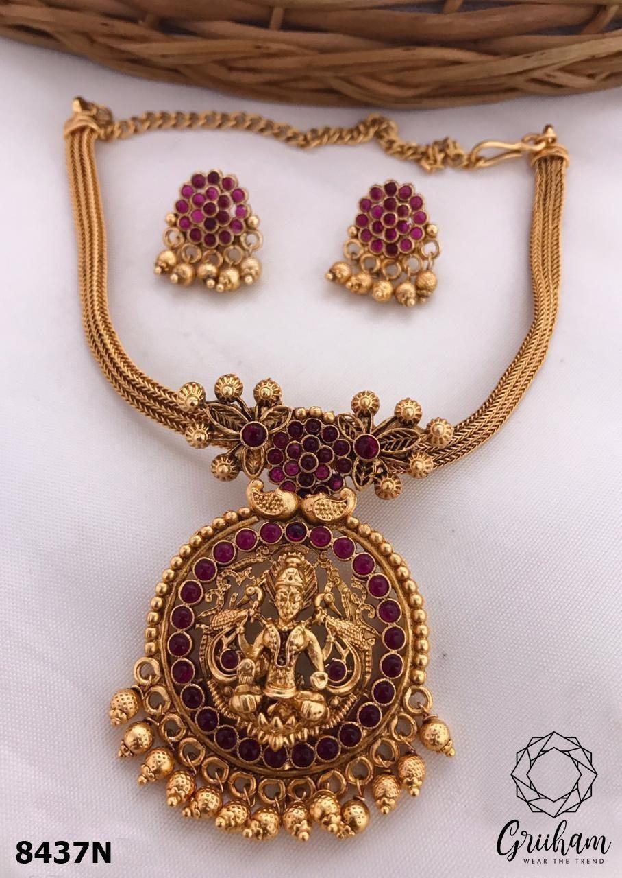 Gold Plated Laxmi Pendant set with rope chain 8437N-Pendant Set-Griiham-Red-Griiham