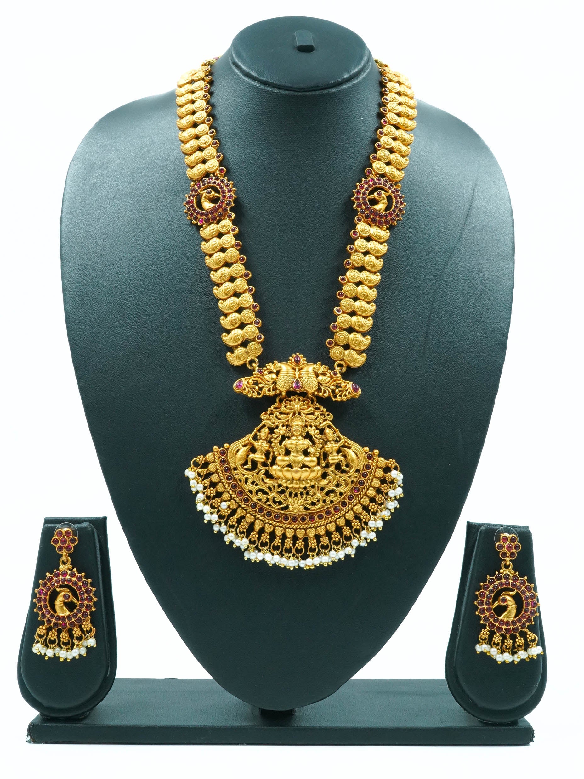 Gold Plated Long Laxmi Necklace Set with pearls and Multi colour stones 12080N