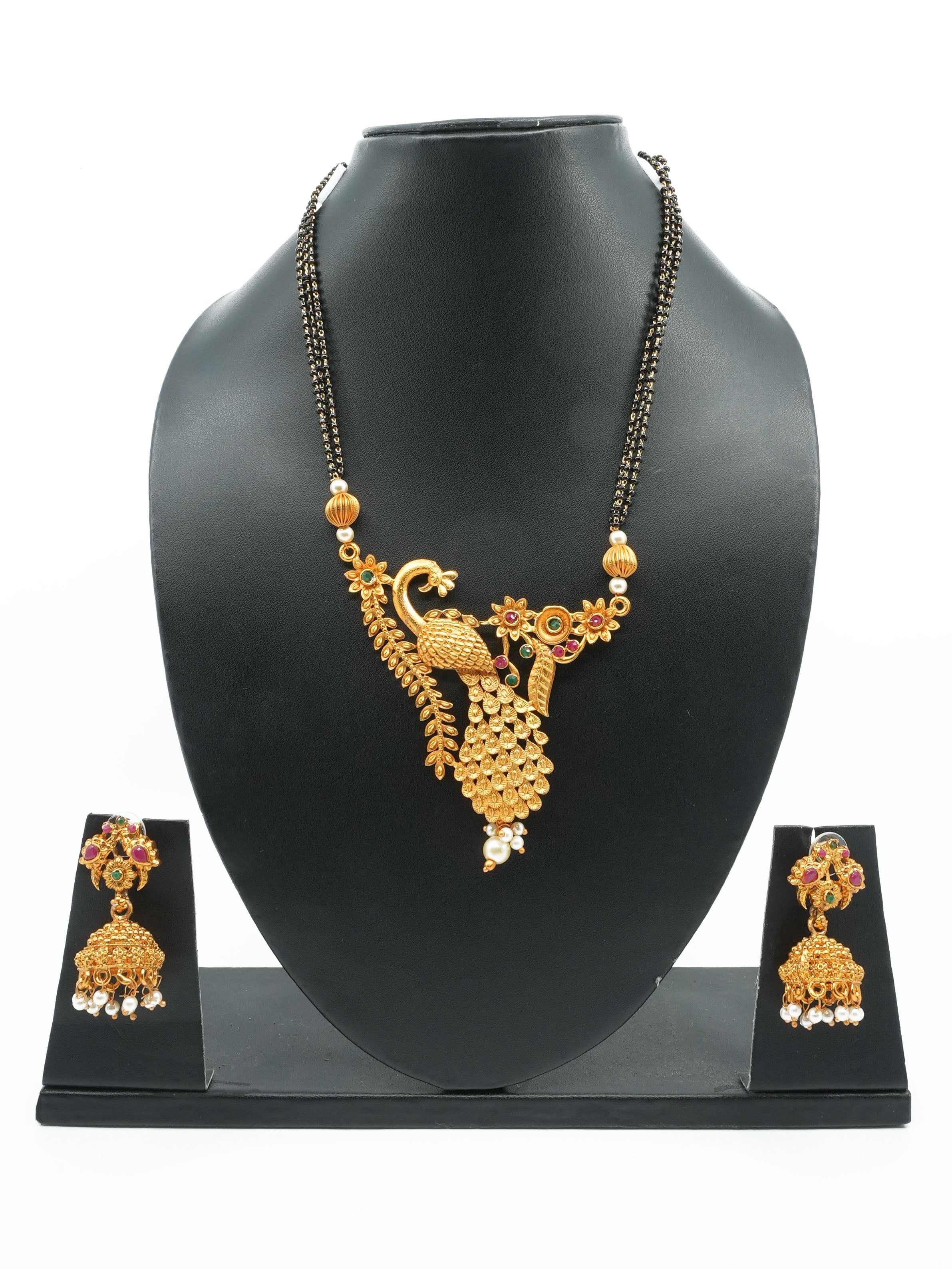 Gold Plated Peacock Pendant design with Black crystal mala 5946N