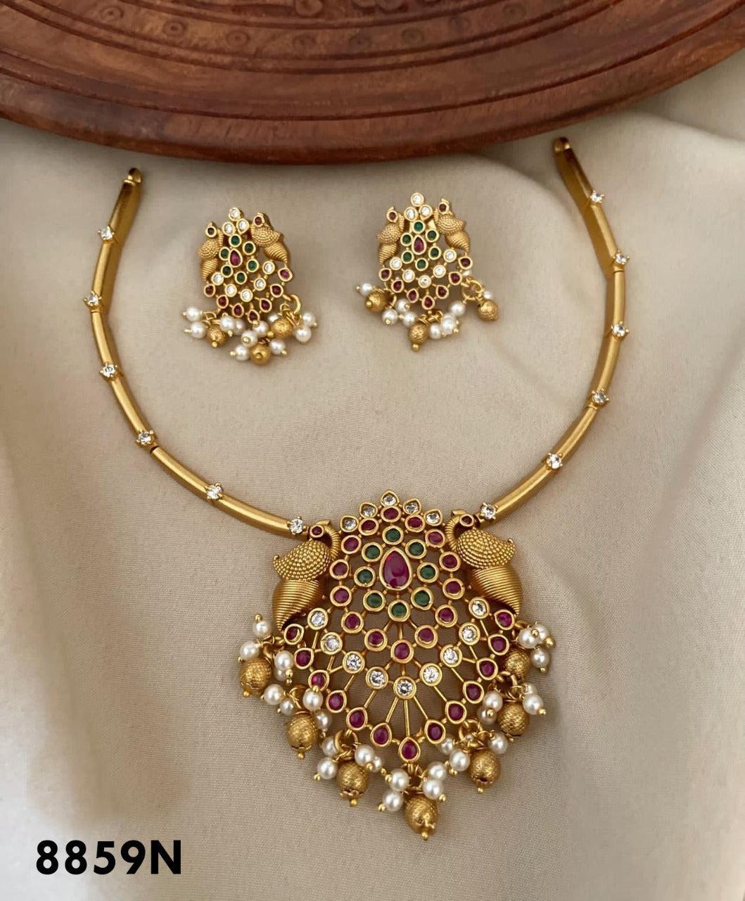 Gold Plated Pipe Necklace with peacock design in diff Colours 8859N-Necklace Set-Griiham-Style1-Griiham