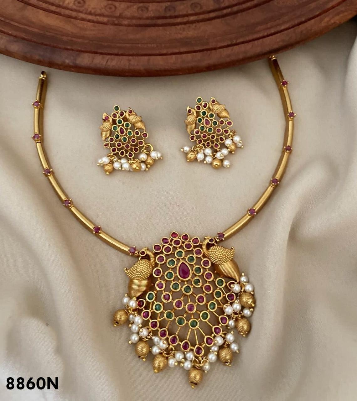 Gold Plated Pipe Necklace with peacock design in diff Colours 8859N-Necklace Set-Griiham-Style2-Griiham