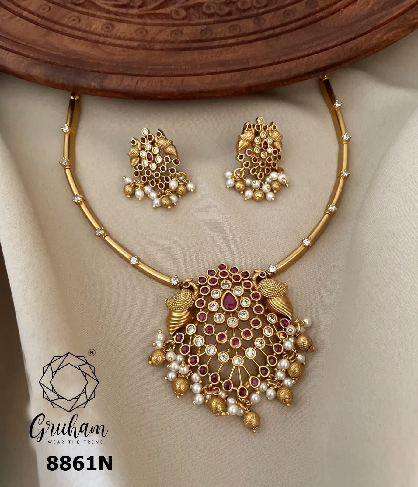 Gold Plated Pipe Necklace with peacock design in diff Colours 8859N-Necklace Set-Griiham-Style3-Griiham