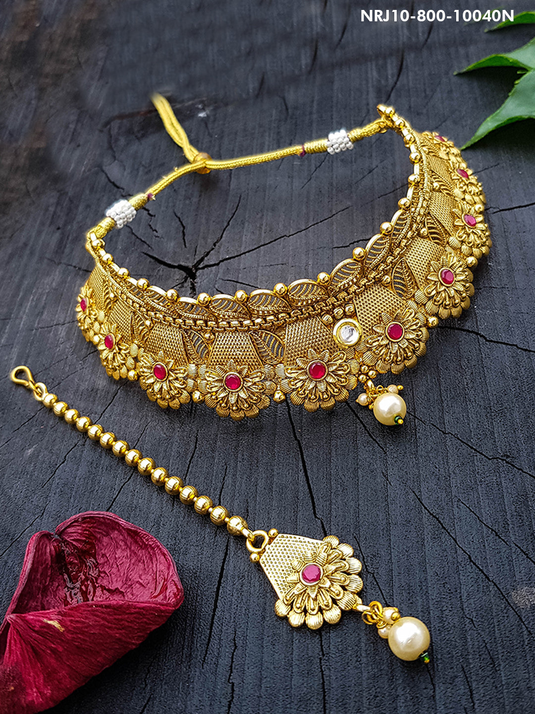 Gold Plated Premium Choker Necklace with Tikka Necklace (ONLY Necklace) 10040N