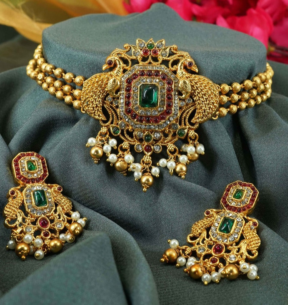Gold Plated Royal Short Peacock Choker Necklace set 10399N