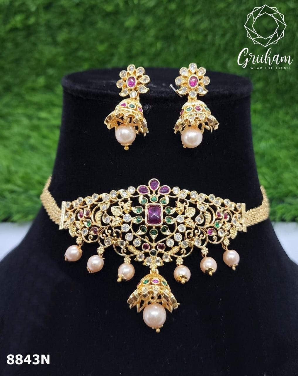 Gold Plated Sayara Collection Choker Set with best quality CZ stones 8843N-Necklace Set-Griiham-Griiham