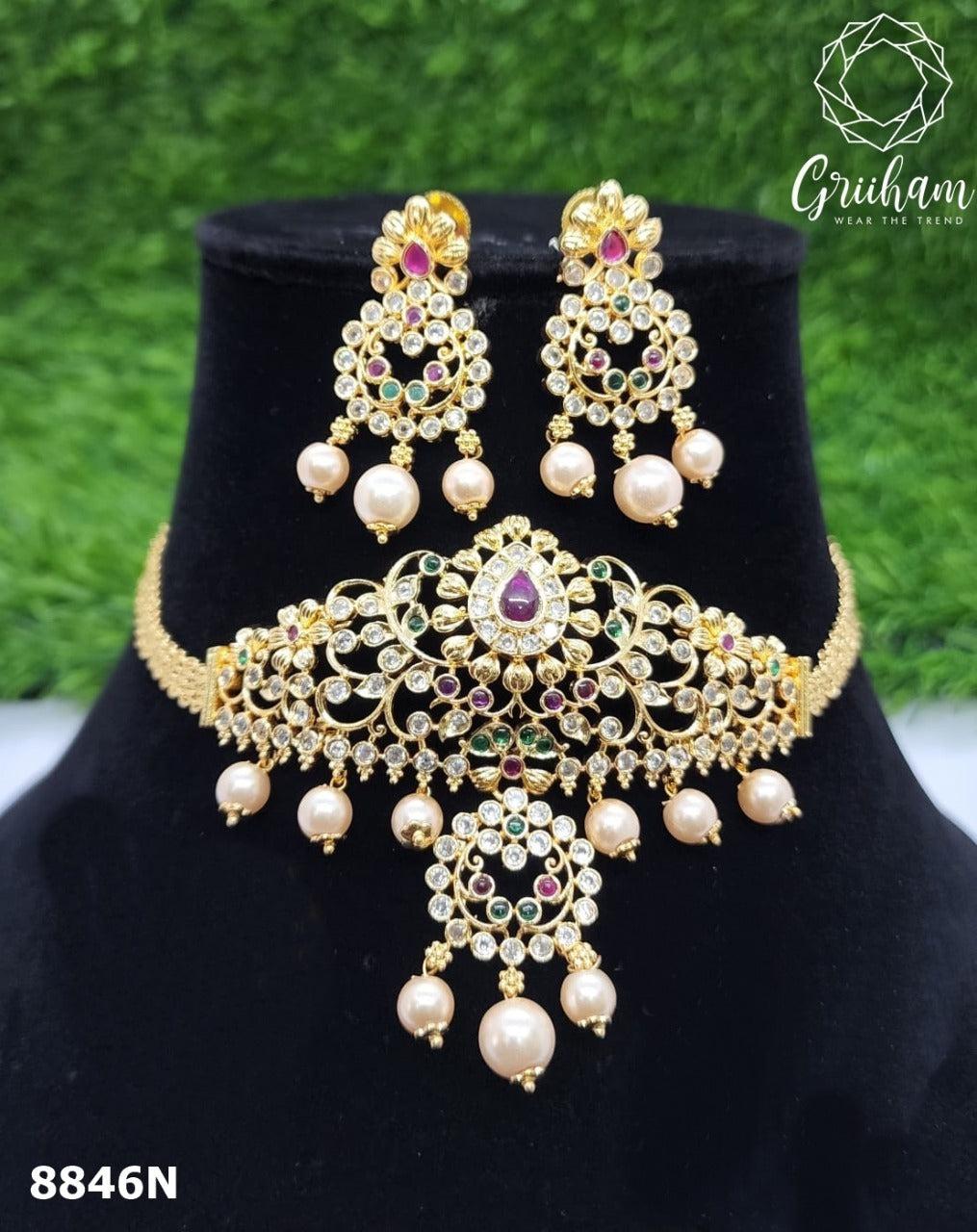 Gold Plated Sayara Collection Choker Set with best quality CZ stones 8846N-Necklace Set-Griiham-Griiham