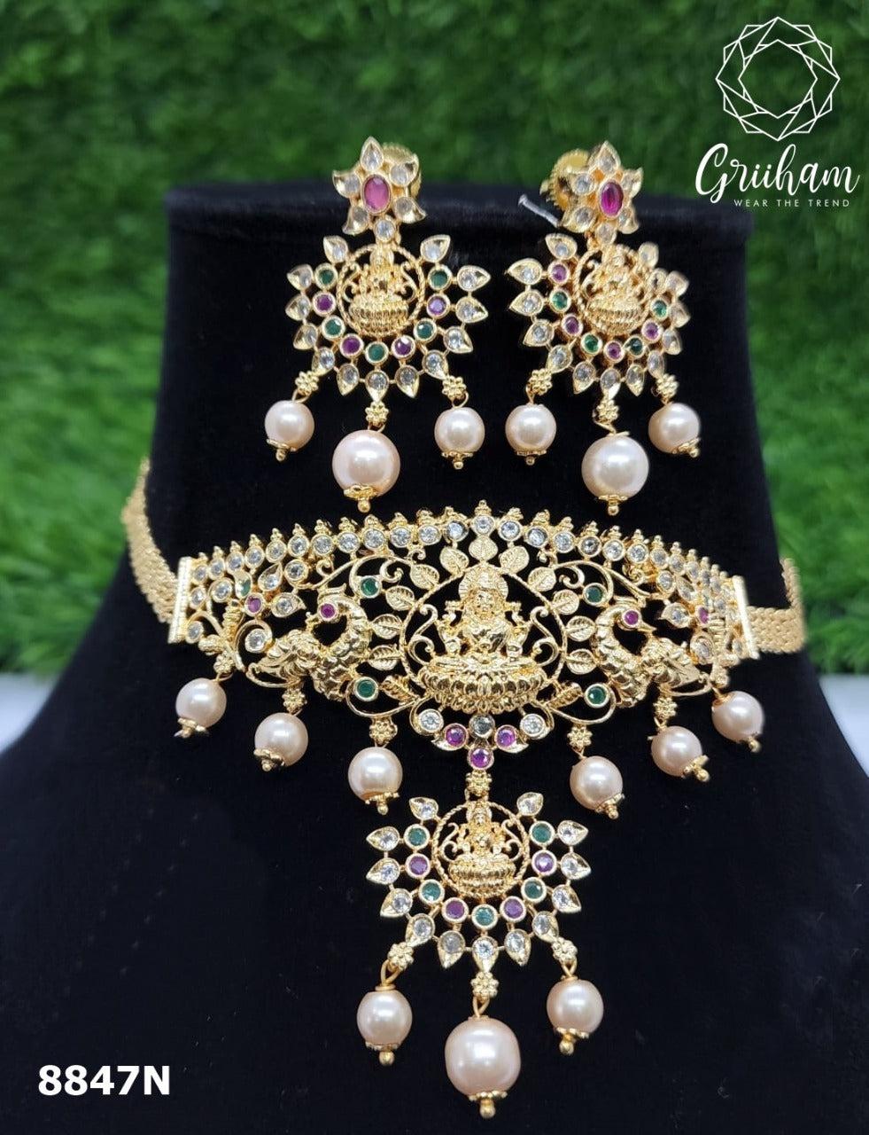 Gold Plated Sayara Collection Choker Set with best quality CZ stones 8847N-Necklace Set-Griiham-Griiham