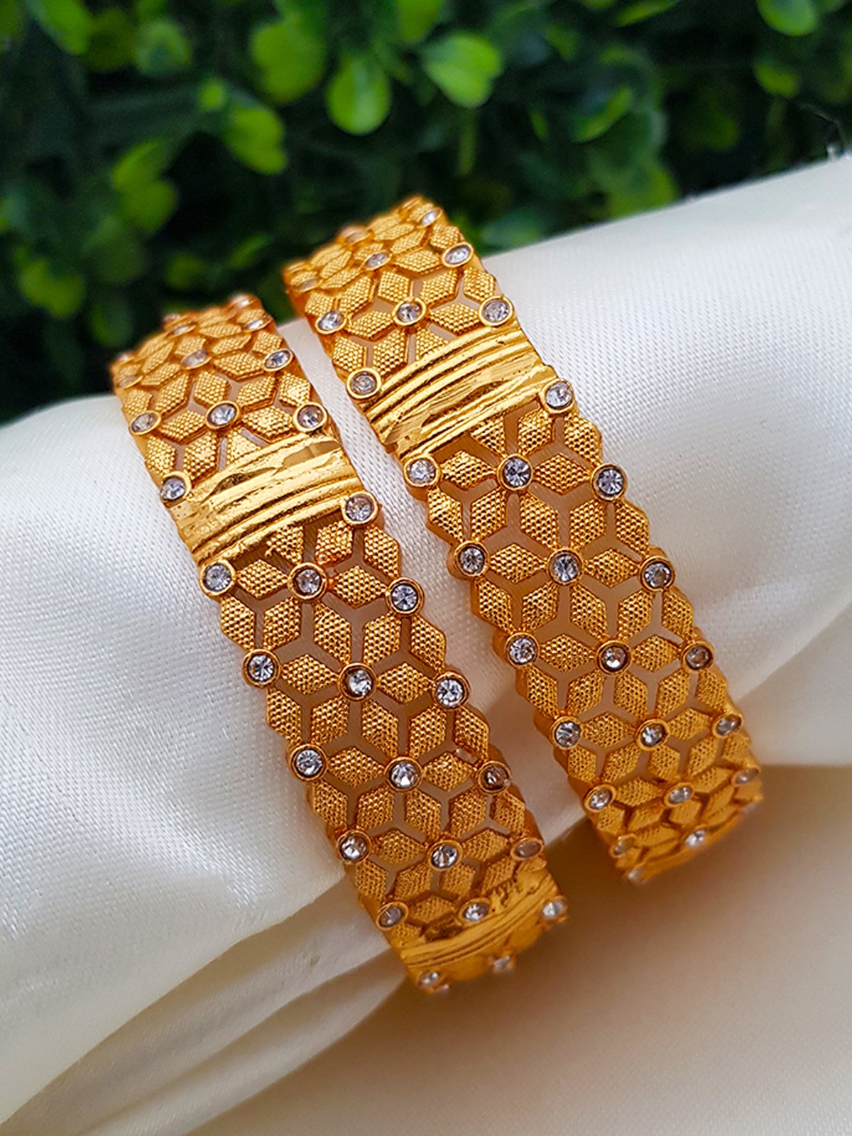 Gold Plated Set of 2 Broad Floral design Bangles with AD stones 7302C